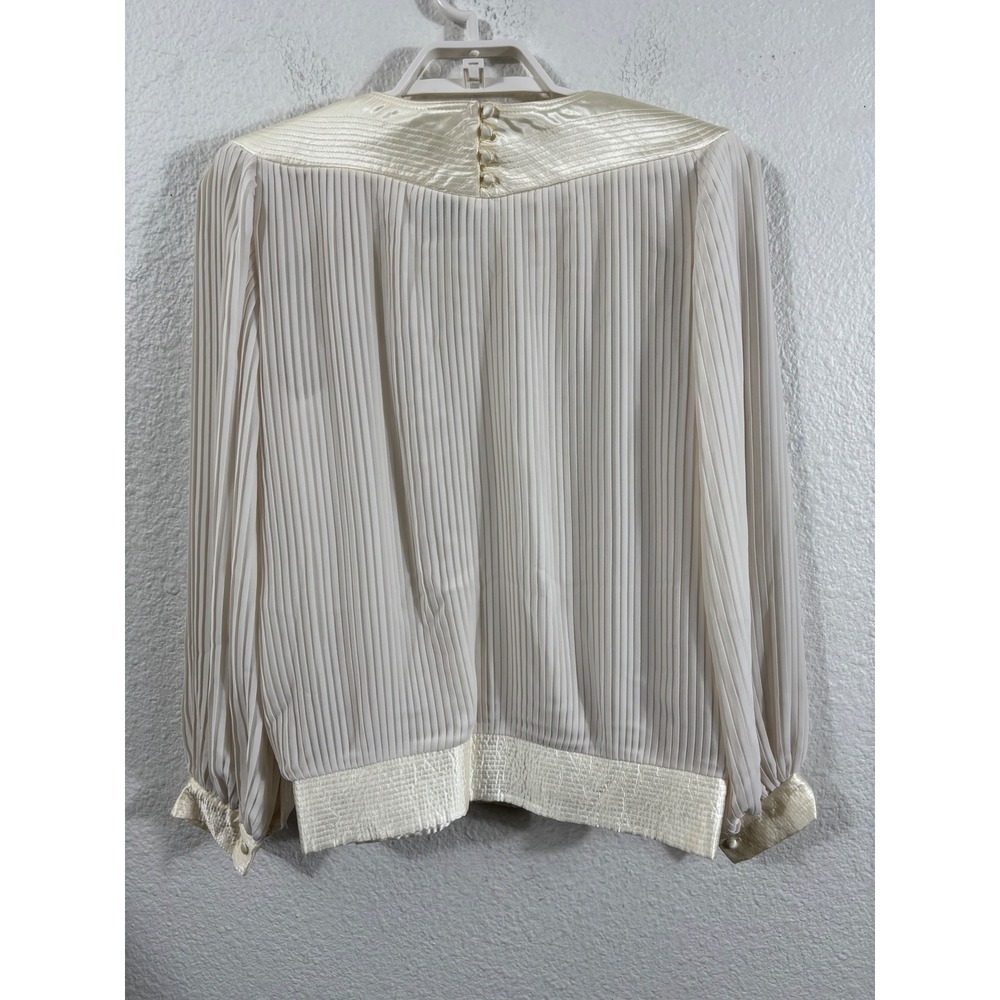 ZiZi by Barbara Chados Vintage Ivory Pleated Blouse Satin Trim Womens Large - Picture 6 of 6